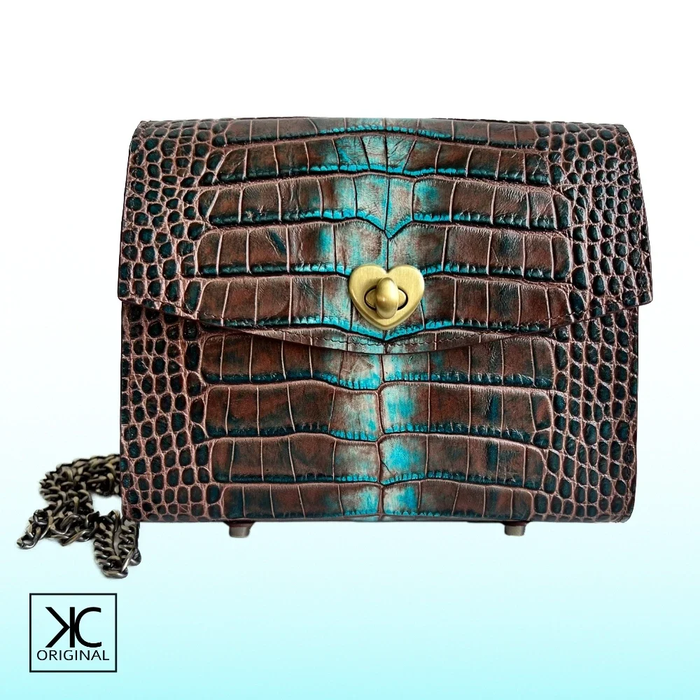 Schoudertas Croc bruin met turquoise
