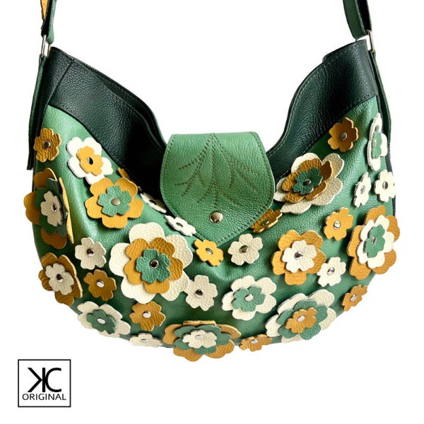 Crossbody tas Flowerpower groentinten leer