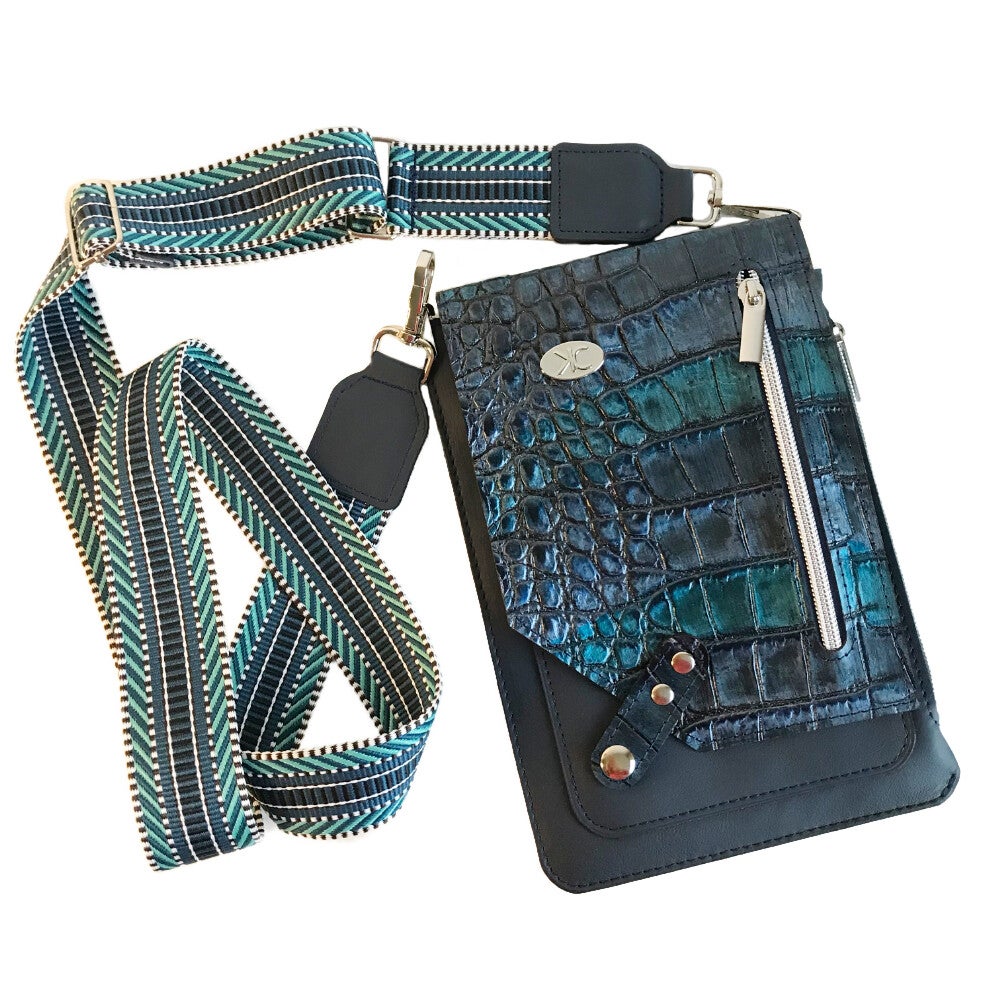 Telefoontasje JeroniMini donkerblauw met krokodilrelief flap