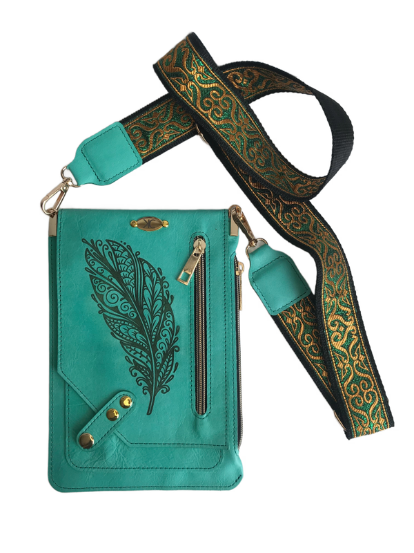 Telefoontasje JeroniMini zeegroen met boho veer