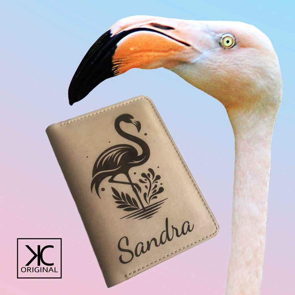 Gepersonaliseerd paspoorthoesje flamingo - leer