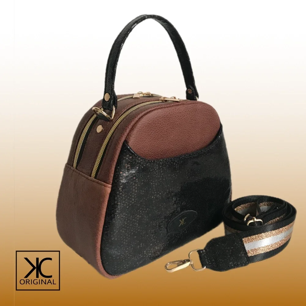 Schoudertas/Crossbody kastanjebruin met zwart effectleer
