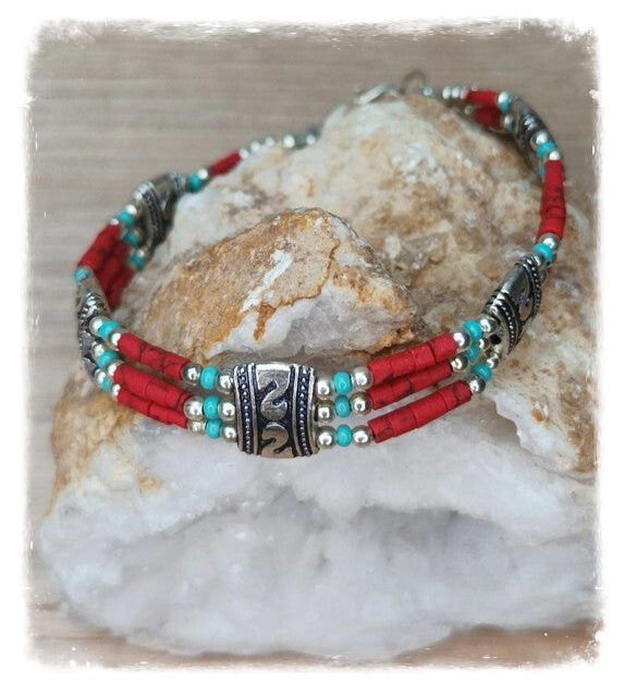 Bracelet ethnique népalais artisanal pierres et métal