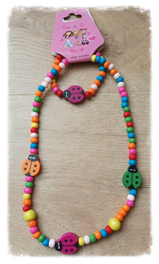 Parure en bois collier + bracelet - Coccinelles