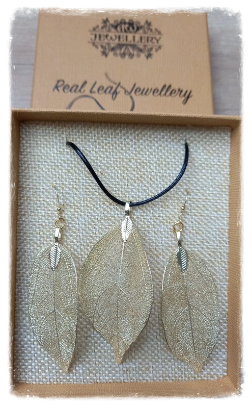 Set collier et boucles d'oreilles en véritables feuilles - Modèle or blanc