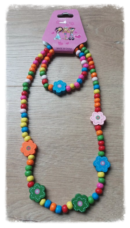 Parure en bois collier + bracelet - Petites fleurs