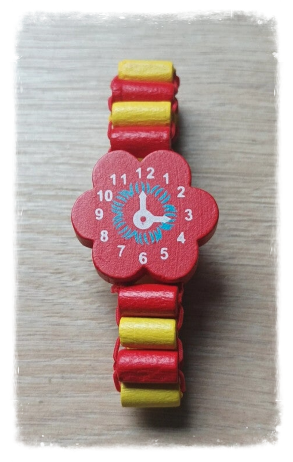 Bracelet élastique montre en bois - Rouge/jaune
