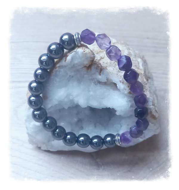 Bracelet en gemmes à facettes - Améthyste & Hématite