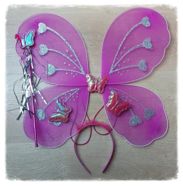 Ailes de papillon avec baguette et serre-tête - Roses foncées