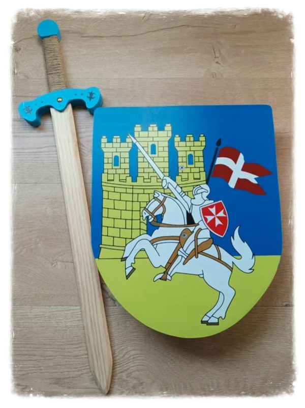 Grand bouclier chevalier et épée bleue en bois