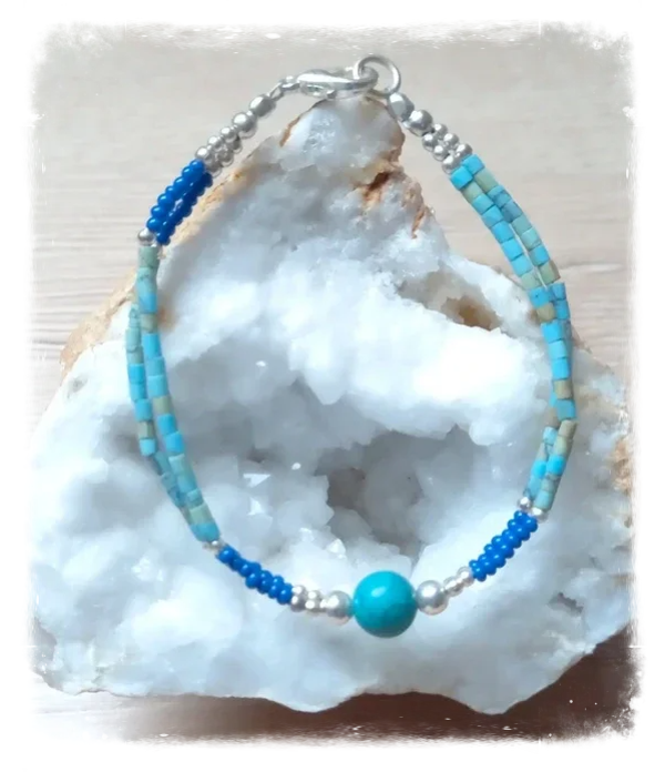 Bracelet népalais artisanal 2 lignes - Pierre et métal argenté