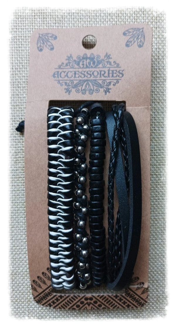 Set de Bracelets pour homme cuir et perles de bois