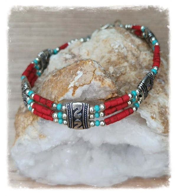 Bracelet ethnique népalais artisanal pierres et métal