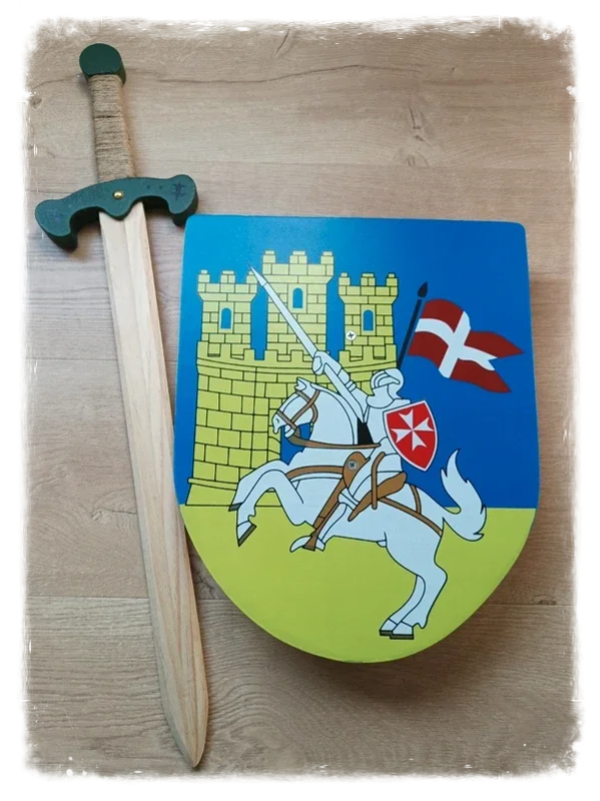 Grand bouclier chevalier et épée verte en bois