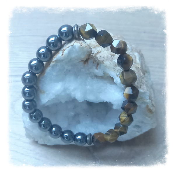 Bracelet en gemmes à facettes - Oeil de tigre & Hématite