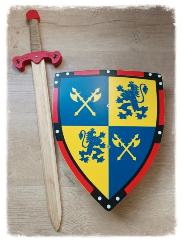 Grand bouclier blason et épée rouge en bois