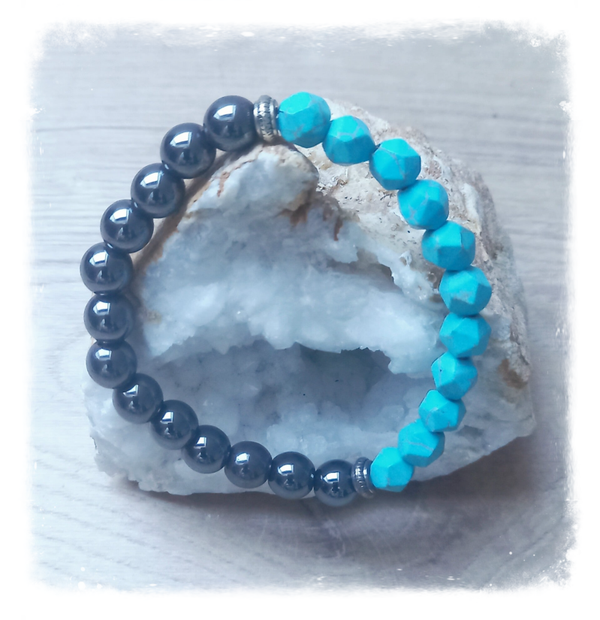 Bracelet en gemmes à facettes - Turquoise & Hématite
