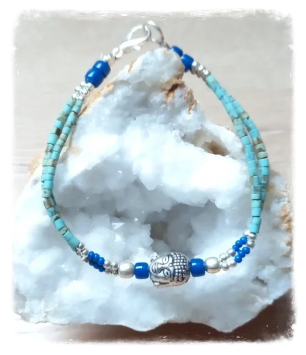 Bracelet népalais artisanal 2 lignes - Pierre et métal argenté - Bouddha
