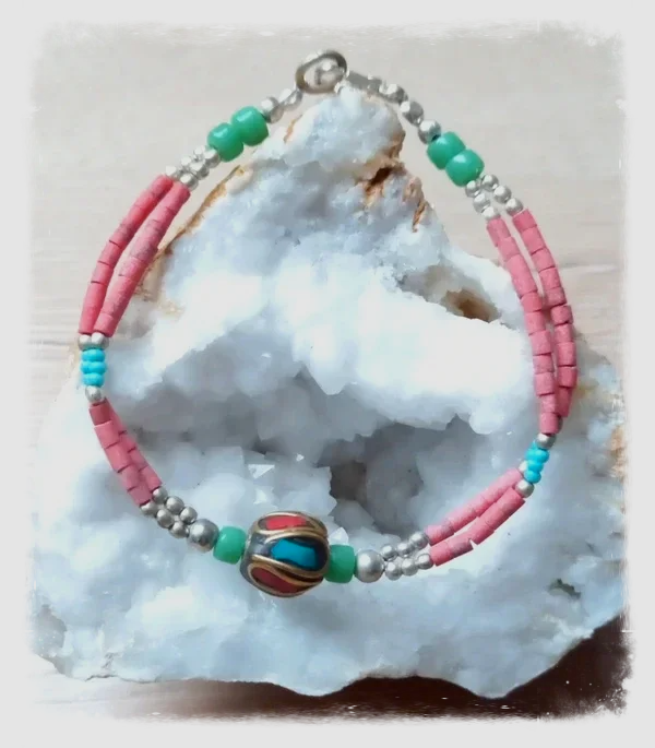 Bracelet népalais artisanal 2 lignes - Pierre et métal argenté