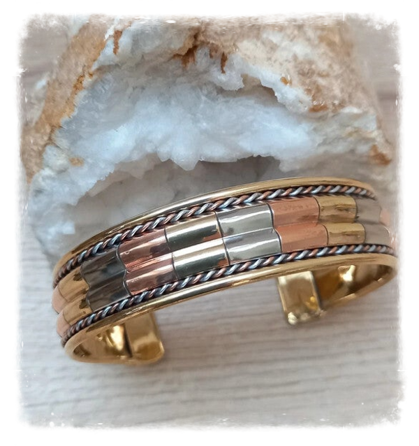 Bracelet laiton 3 métaux cuivré, doré, argenté
