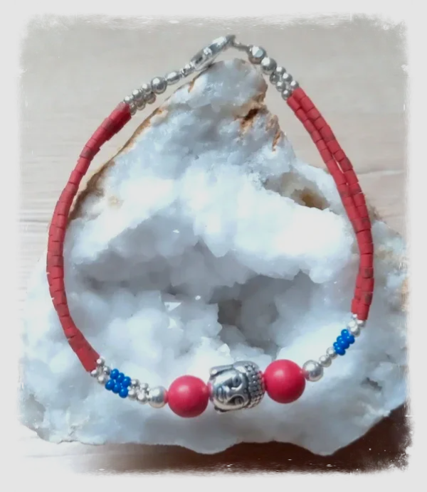 Bracelet népalais artisanal 2 lignes - Pierre et métal argenté - Bouddha