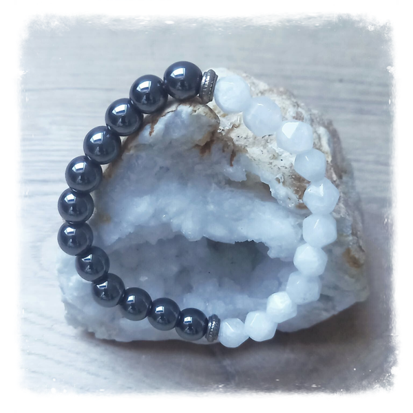 Bracelet en gemme à facettes - Cristal de Roche & Hématite