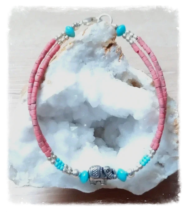 Bracelet népalais artisanal 2 lignes - Pierre et métal argenté - Éléphant
