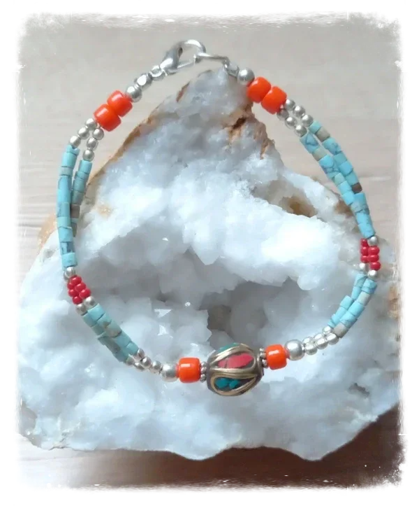 Bracelet népalais artisanal 2 lignes - Pierre et métal argenté
