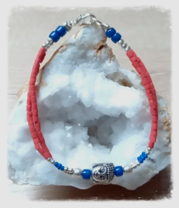 Bracelet népalais artisanal 2 lignes - Pierre et métal argenté - Bouddha