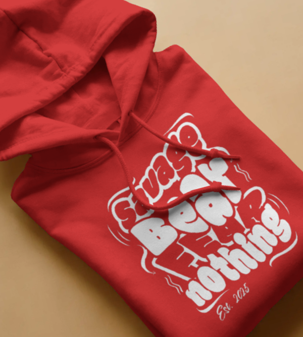 SAVAGE BEAR FEAR NOTHING- ON RED HOODIE