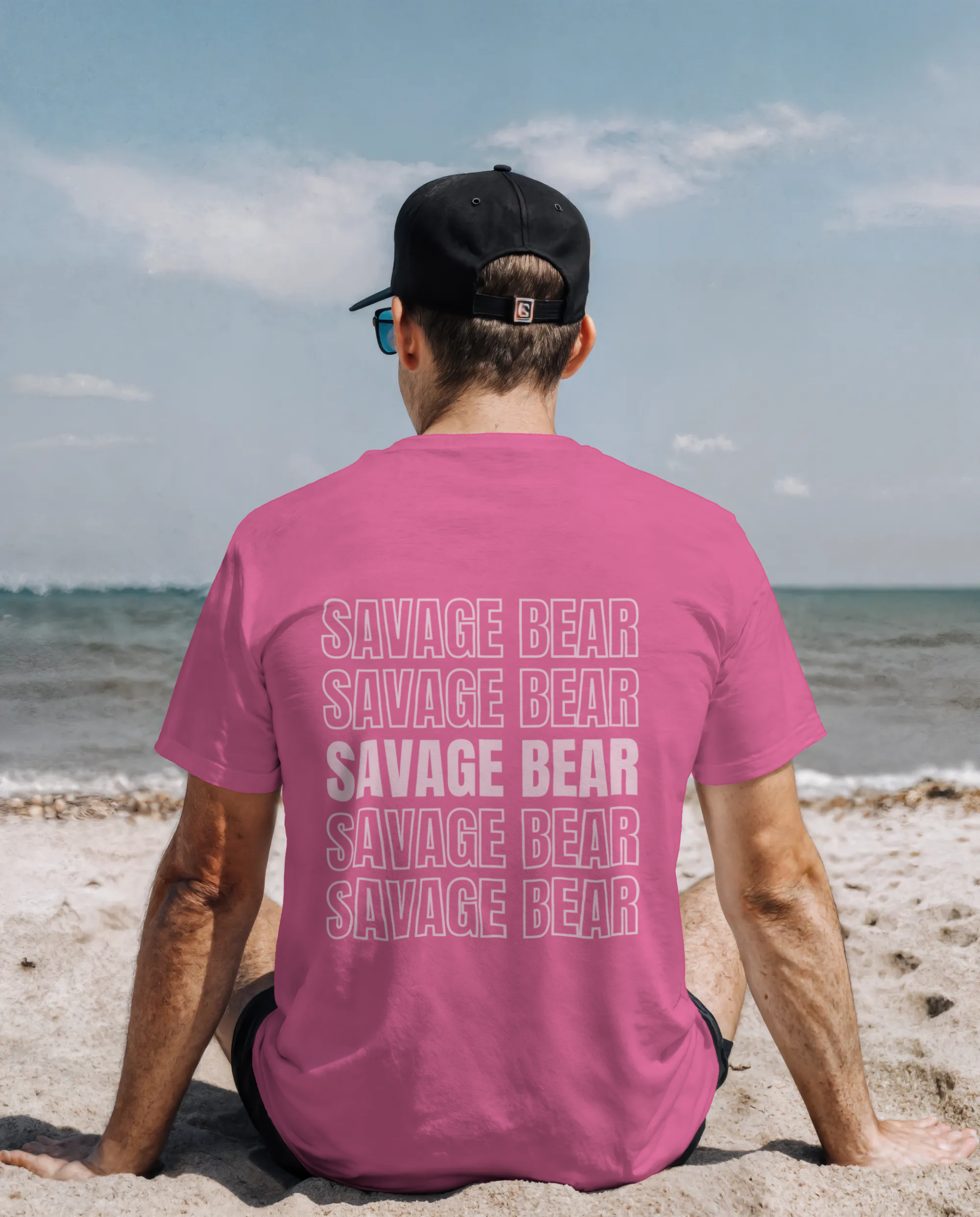 SAVAGE BEAR REPEAT DESIGN ON BACK OF PINK T-SHIRT