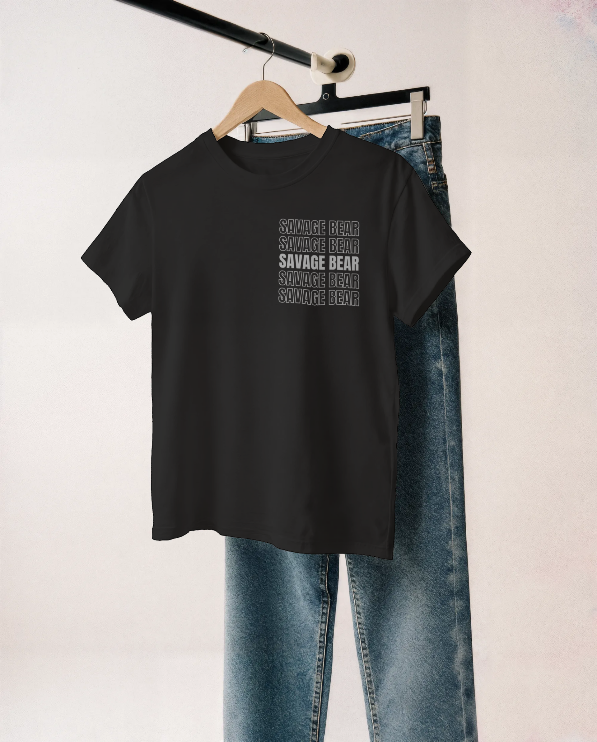 SAVAGE BEAR REPEAT DESIGN ON BLACK T-SHIRT