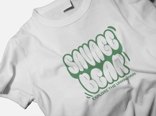 SAVAGE BEAR EXPLORE THE UNKNOWN ON WHITE T-SHIRT