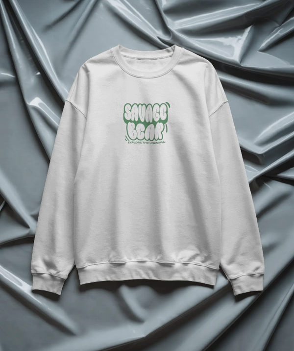 SAVAGE BEAR EXPLORE THE UNKNOWN ON WHITE SWEATSHIRT