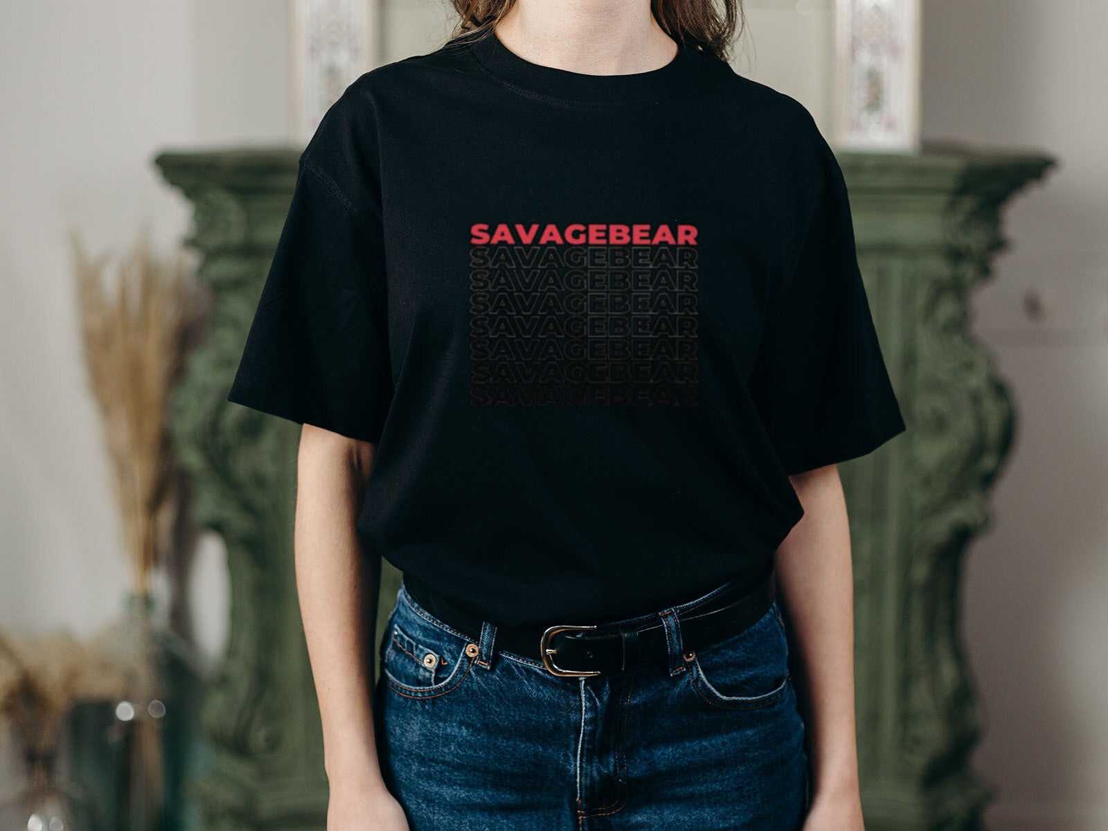 SAVAGE BEAR REPEAT RED DESIGN ON BLACK T-SHIRT