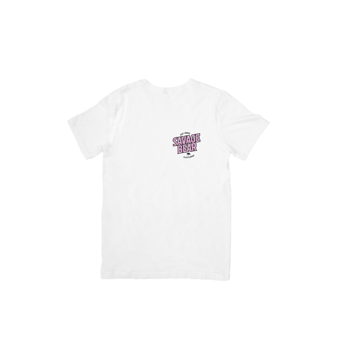 SAVAGE BEAR LOGO IN PINK ON WHITE T-SHIRT