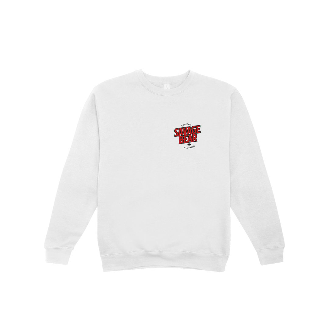 SAVAGE BEAR LOGO IN RED ON WHITE SWEATSHIRT