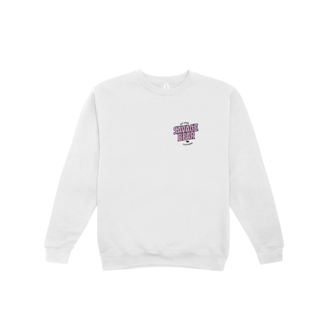 SAVAGE BEAR LOGO IN PINK ON WHITE SWEATSHIRT