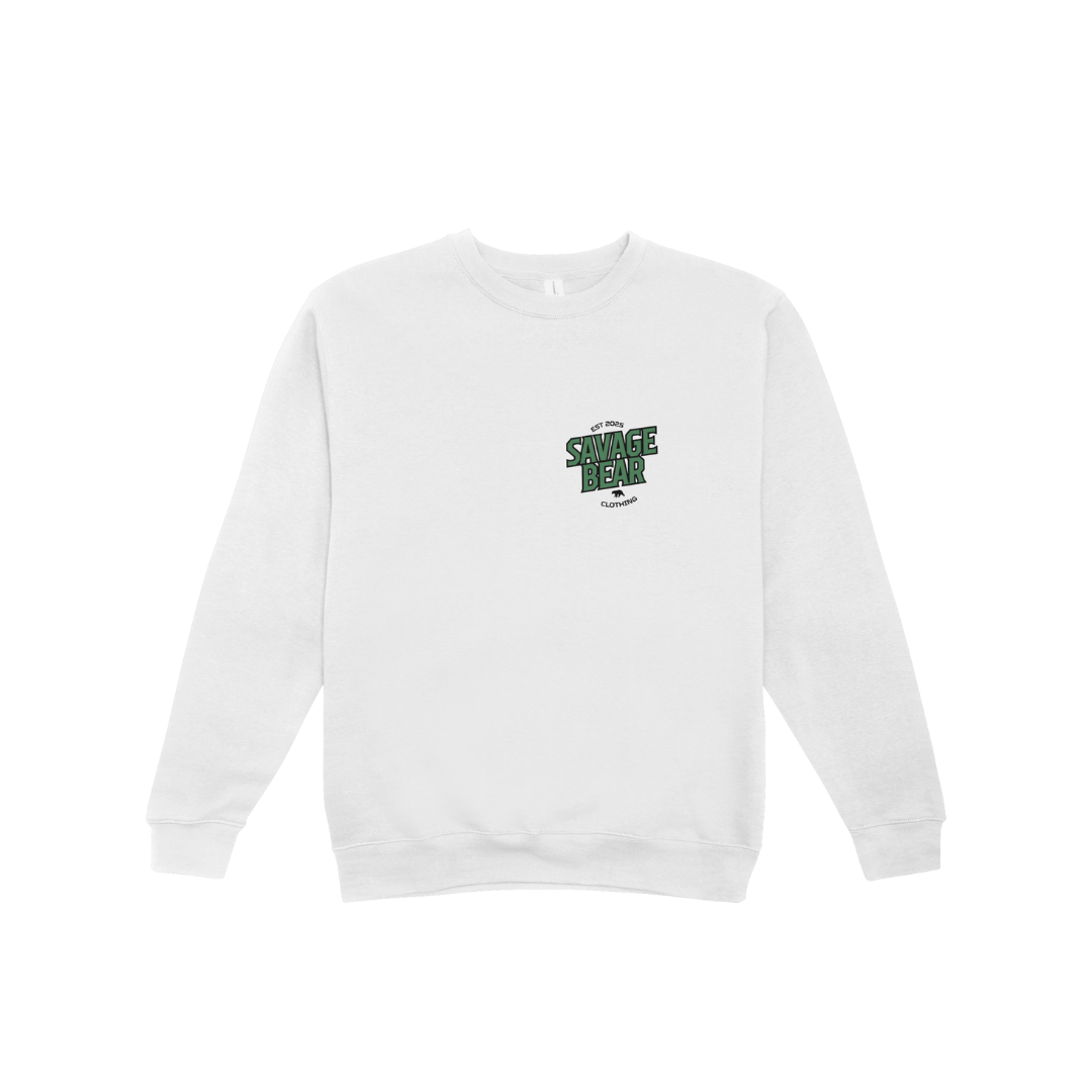 SAVAGE BEAR LOGO IN GREEN ON WHITE SWEATSHIRT