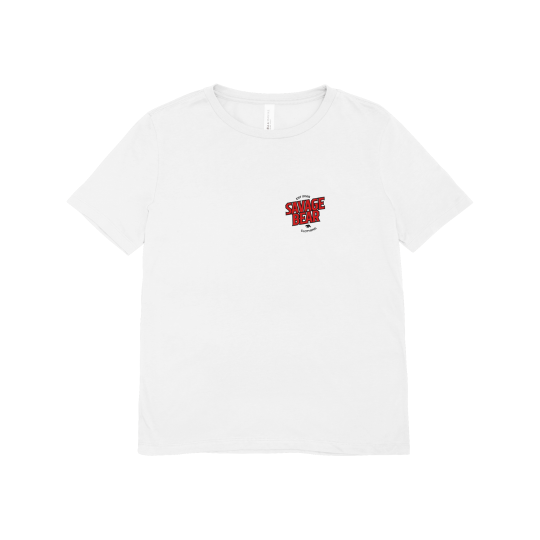 SAVAGE BEAR LOGO IN RED IN WHITE T-SHIRT