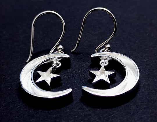 Memorial Half Moon and Star Dangle Solid Silver Earrings