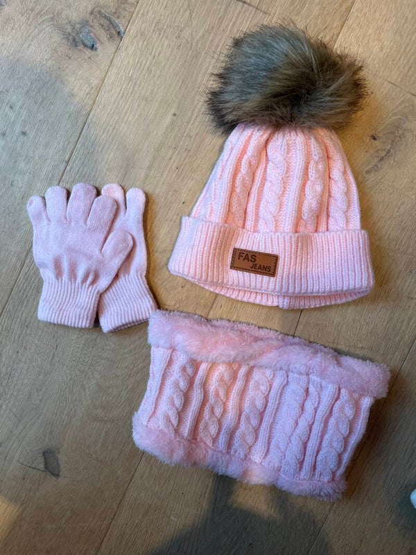 Set muts, sjaal en handschoenen Fas jeans roze