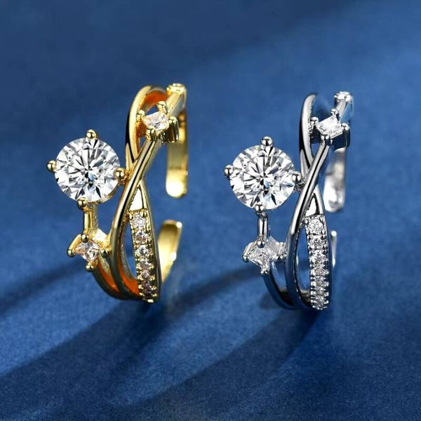 Anello da donna con diamante brillante e motivo planetario cosmico, anello di lusso francese personalizzato con croce geometrica e dito indice aperto.