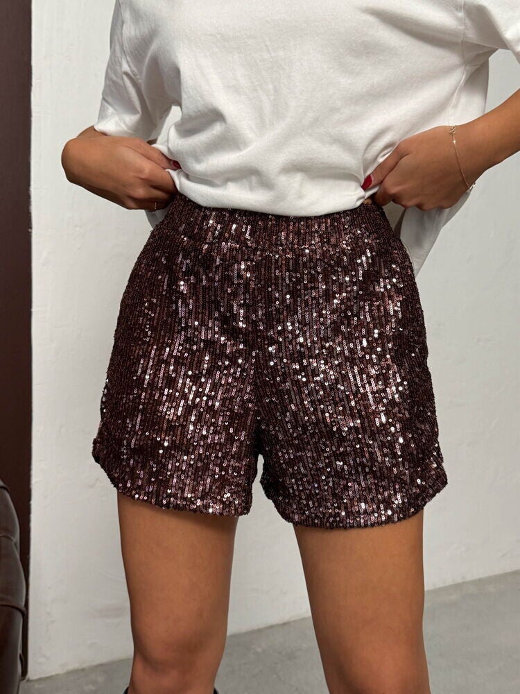 Short à sequins scintillants - Brun