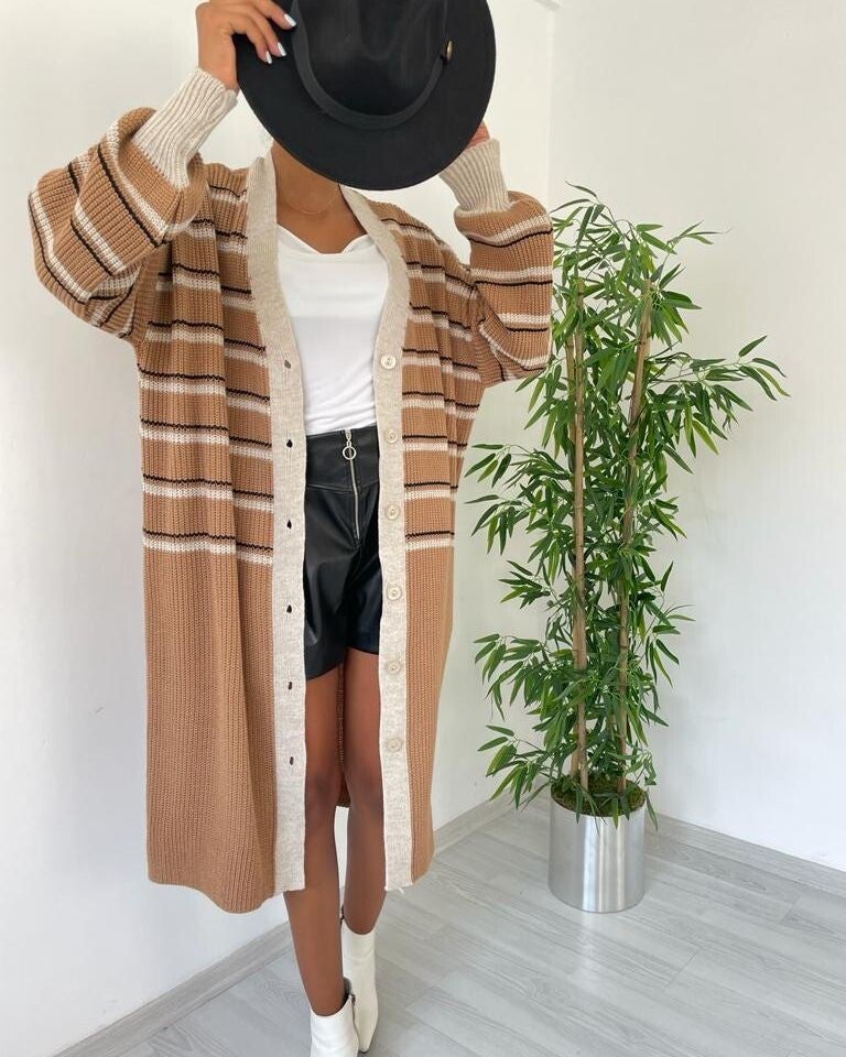 Gilet long à rayures  - Marron