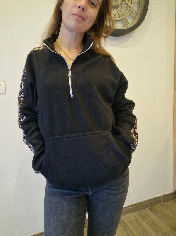 Polar noir à détails leopard - Col zippé