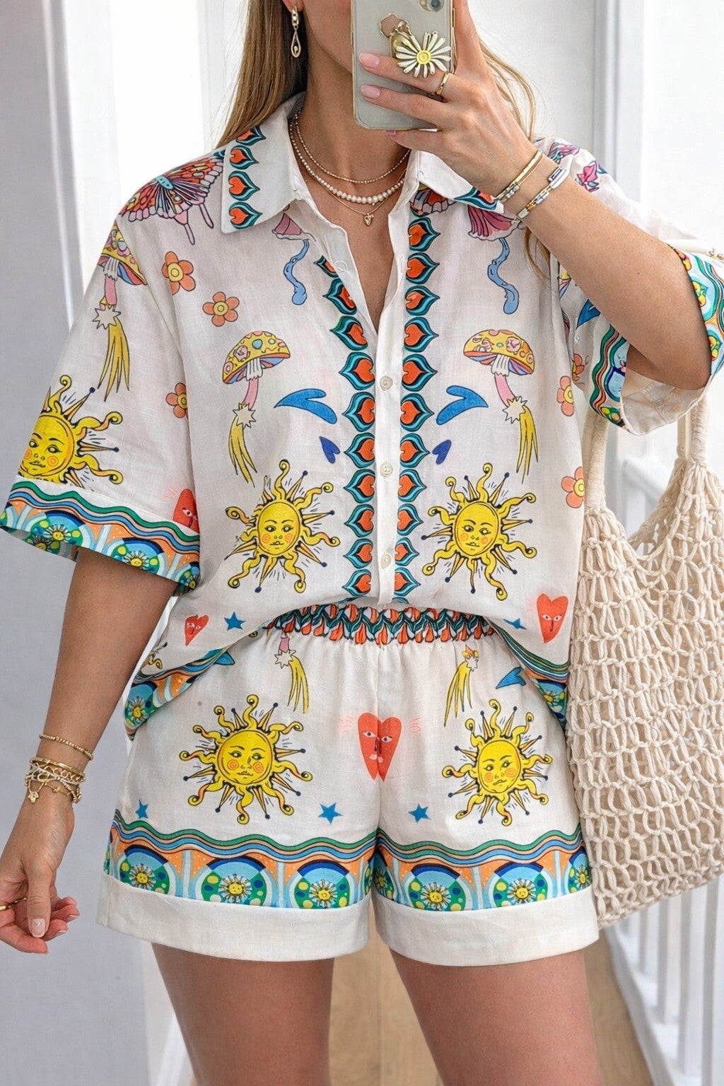 Ensemble effet lin imprimé Soleil – Chemise & Short / Set in linnenlook met zon‑print – Hemd & Short