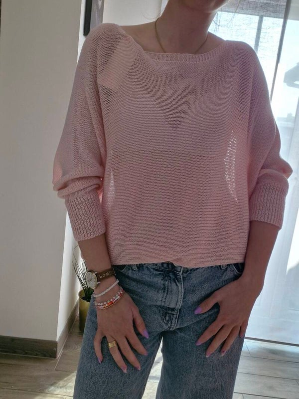 Pull maille fine avec noeud dos ouvert / Fijngebreide trui met open rug en strikdetail