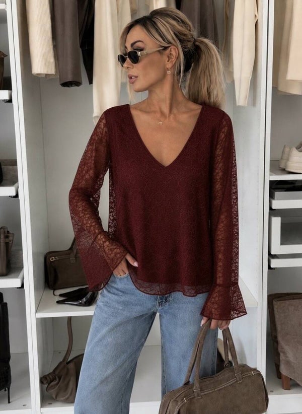 Blouse col V dentelle avec doublure - Bordeau