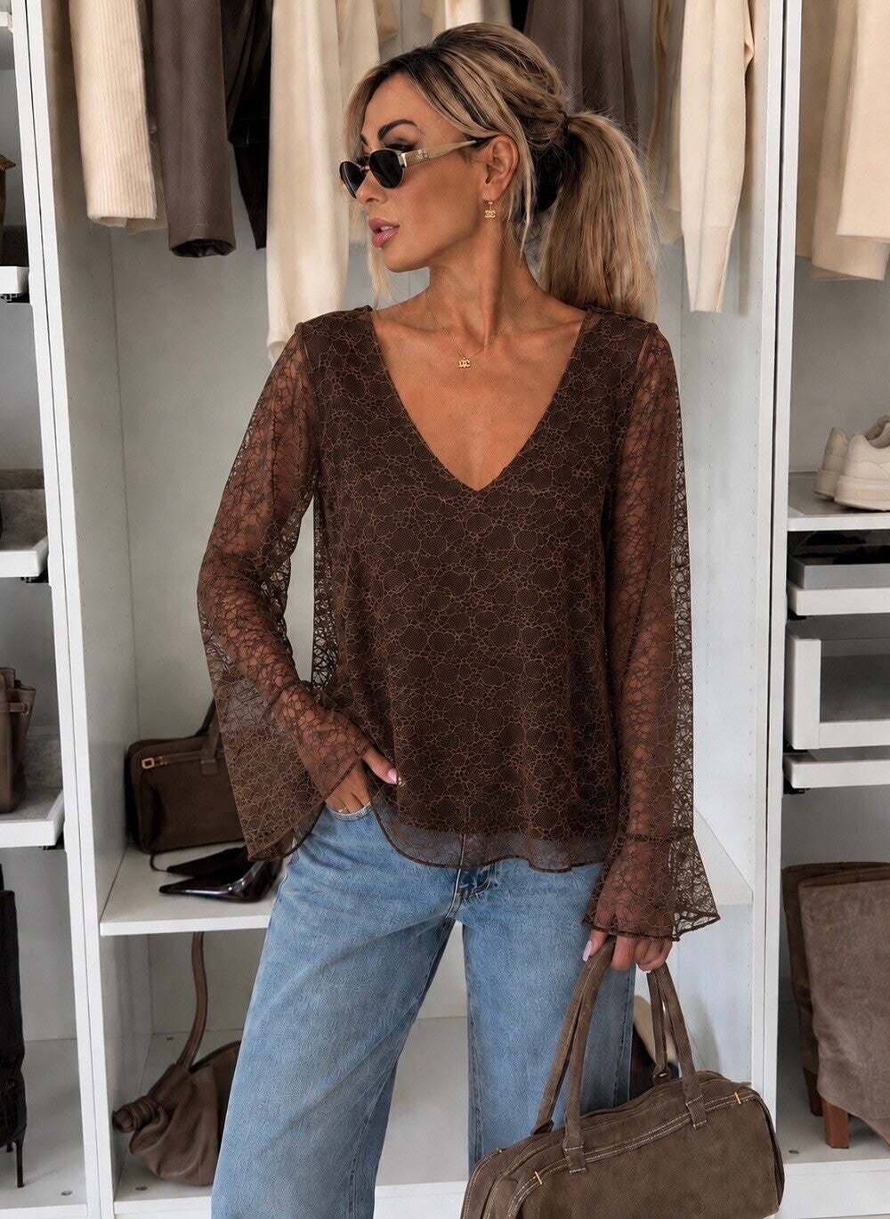 Blouse col V dentelle avec doublure viscose - Brun